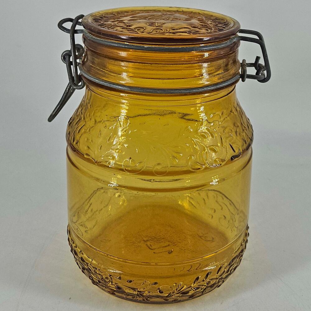 Vintage gold Lidded Floral Cove Mason Jar Canister MadeI In Italy 7”